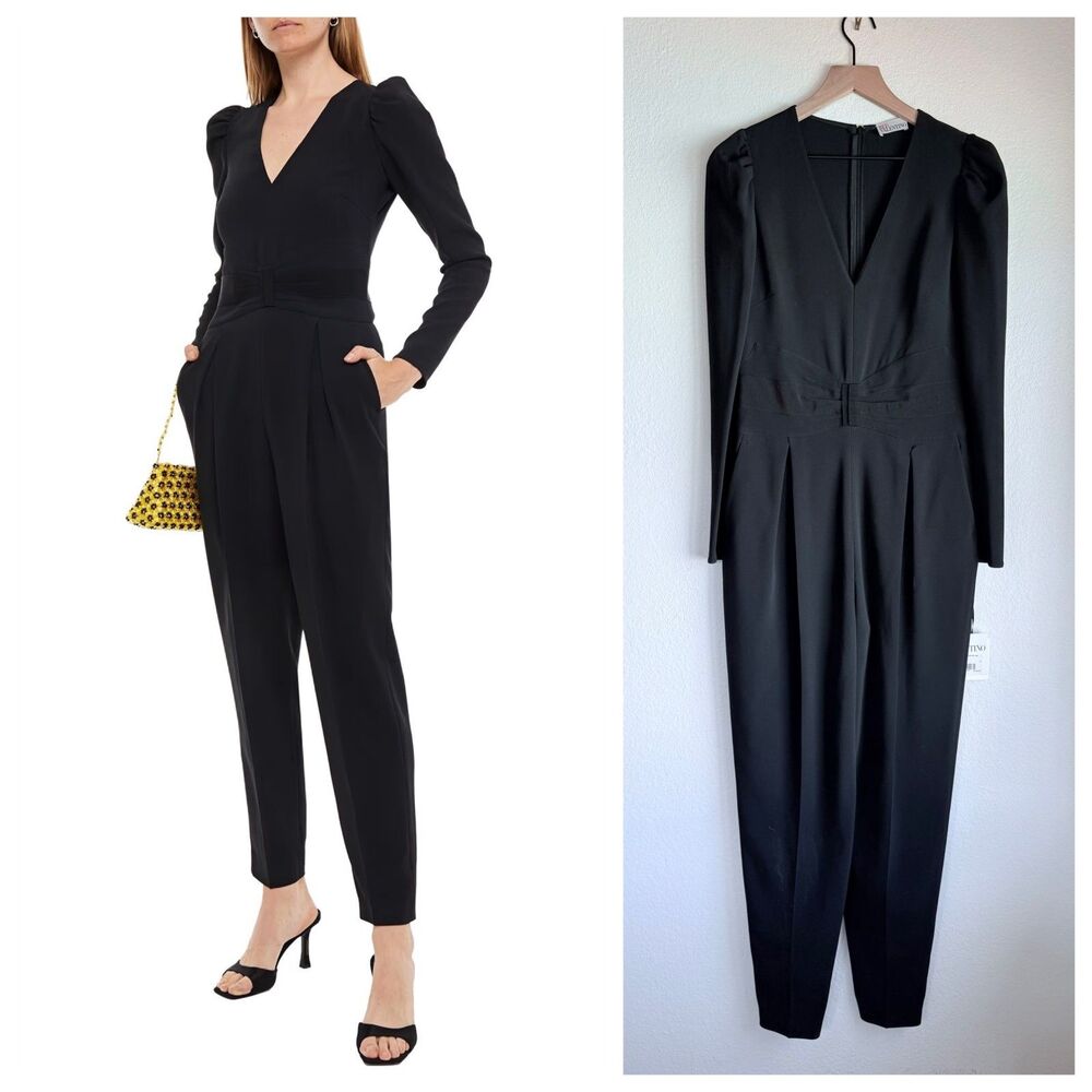 NWT RED Valentino Bow Detail Stretch Crepe Long Sleeve Tuxedo Jumpsuit in Black